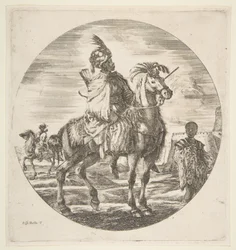 Cavalier maure de profil tourné vers la droite, à droite un esclave noir tenant une fourrure, un autr..., vers 1651.