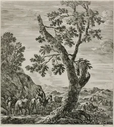 Paysanne montée avec un enfant dans ses bras, planche six de Les six grandes vues de Rome et de la Campagne