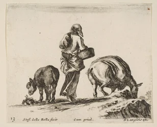 Planche 13 : une paysanne, vue de dos, tenant un panier au centre, un âne..., vers 1644-47