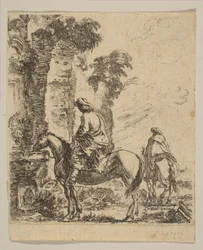 Planche 19 : Paysage avec un cavalier abreuvant son cheval à une fontaine, de Divers fi..., vers 1646