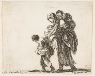 Planche 22 : une mendiante avec trois enfants, un enfant sur ses épaules, vers 1644-47