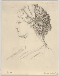 Planche 3 : tête de femme aux cheveux tressés, tournée de profil vers la droite