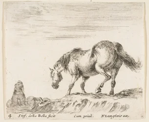 Planche 4: un cheval de profil face à gauche, sur le point de descendre d