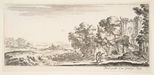 Planche 4 : deux pèlerins observant des ruines à droite, l