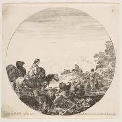 Planche 5: une femme portant un enfant sur un cheval à gauche, un chameau la suivant, un troupeau de..., vers 1646