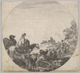 Planche 5 : une femme portant un enfant sur un cheval à gauche, un chameau la suivant, un troupeau, vers 1643-1648