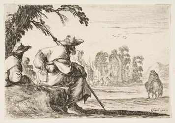 Planche 5: deux pèlerins avec des chapeaux se reposent à gauche, vus de dos, un cavalier s