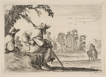 Planche 5 : deux pèlerins avec des chapeaux se reposent à gauche, vus de dos, un cavalier chevauche vers..., 1642