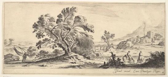Planche 6 : un pêcheur portant un filet à gauche, deux cavaliers dans un ruisseau à droite, un arbre..., vers 1641