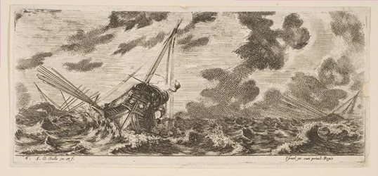 Plaque 6 : trois navires dans une tempête, de Divers embarquements, vers 1646-47