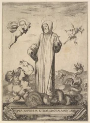 Saint Jean Gualbert piétinant un monstre à deux têtes humaines et un corps serpentin, un vol