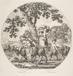 Famille de satyres marchant vers la gauche avec deux chèvres et un panier de raisins, vers 1657