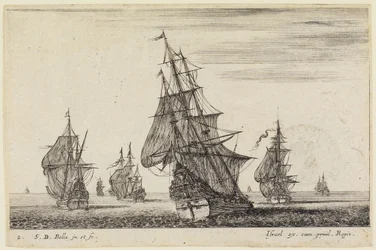 Paysages maritimes : un navire hissant ses voiles au premier plan, d