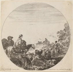 Bergers et troupeau avec femme et chameau