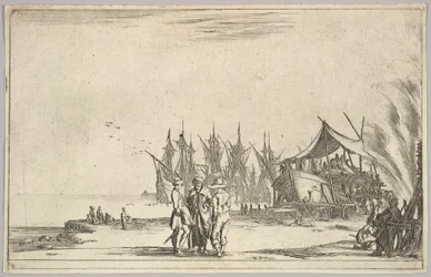 Trois hommes portant des chapeaux debout au centre, des hommes réparant un navire à droite, cinq navires et divers, 1639