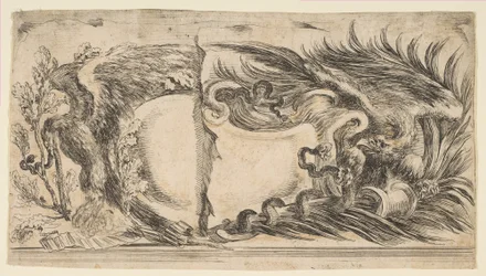 Deux moitiés différentes de cartouches montrant chacune un aigle combattant un serpent, 1646