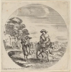 Deux paysans voyageant dans un paysage