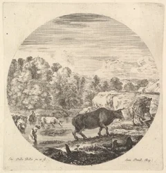 Deux vaches au centre, suivies de deux paysannes et d