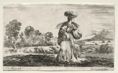 Divers personnages et paysages : Paysanne portant un panier sur la tête