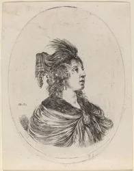 Femme avec un turban à plumes, tournée vers la droite