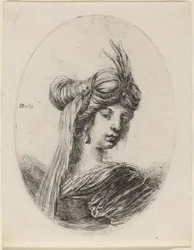 Femme avec un turban à plumes et un voile, tournée vers la droite