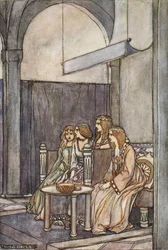 Là étaient assises les trois jeunes filles avec la reine, illustration de 