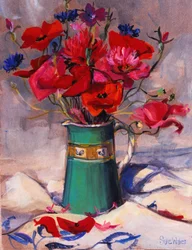 Coquelicots et bleuets dans un pichet vert, 1994