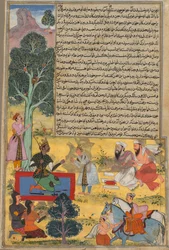 Vabhruvahana approche Arjuna, page du Razm-nama de Khan Khanan
