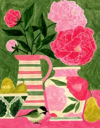Pivoines aux couleurs vives et oiseau