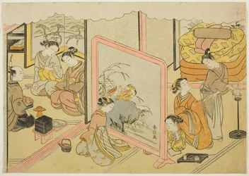 Une tasse de saké avant de se coucher (Toko sakazuki), la sixième feuille de la série "Mariage en estampes brodées, le char de la femme vertueuse (Konrei nishiki misao-guruma)"