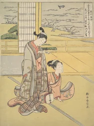 Un jeune homme et une femme avec un shamisen, moine Saigyo, d