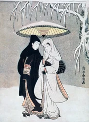 Corbeau et Héron, ou Jeunes Amoureux marchant ensemble sous un parapluie pendant une tempête de neige, vers 1769