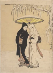 Amants marchant dans la neige (corbeau et héron)