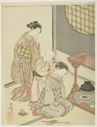 Pluie nocturne du stand de thé (Daisu no yau), de la série "Huit vues du salon (Zashiki hakkei)"