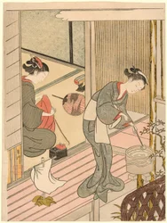 Voiles de retour du porte-serviettes (Tenugui-kake no kihan), de la série "Huit vues du salon (Zashiki hakkei)"