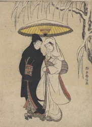 Jeunes Amoureux Marchant Ensemble sous un Parapluie dans une Tempête de Neige Corbeau et Héron, vers 1769