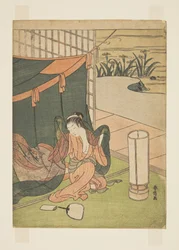 Jeune femme sortant de la moustiquaire (estampe sur bois en couleur)