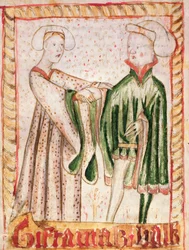 Un mariage, tiré des Codes de lois nationales de Magnus Eriksson (1319-64), vers 1450