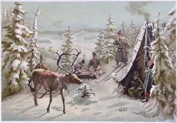 Nord de la Suède : migration automnale en Laponie autour de Luleå, fin du 19ème siècle (lithographie en couleur)