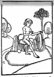 La légende de Saint Brendan (Brandan), héros et saint irlandais du 6ème siècle. Rencontre avec un saint ermite vivant sur un rocher en pleine mer. Gravure de "Die Wunderbare Meerfahrt des Hl. Brandan." Bale