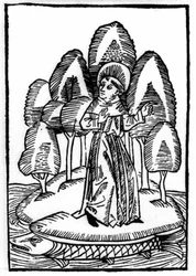 La légende de Saint Brendan (Brandan), héros et saint irlandais du VIe siècle. Le saint est sur une forêt sur le dos d
