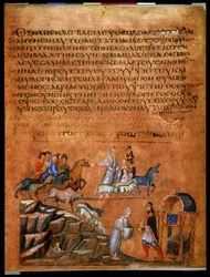 Pleine page : texte et miniature : Abraham et Bera de Sodome (miniature sur parchemin)