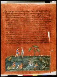 Pleine page : texte et miniature : Jacob et Laban partageant les troupeaux (miniature)