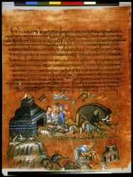 Pleine page : texte et miniature : Noé quittant l