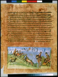 Pleine page : texte et miniature : deuxième voyage des frères de Joseph en Egypte (miniature)