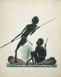 Autochtones pêchant dans un canoë en écorce, 1819