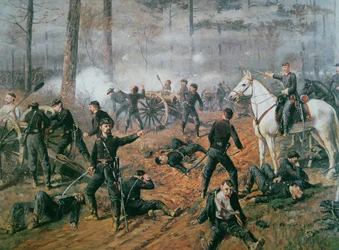 La batterie du capitaine Hickenlooper dans le nid de frelons à la bataille de Shiloh, avril 1862 (lithographie en couleur)