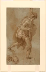 Soldat courant : Étude pour une figure au premier plan à gauche, "La trahison du Christ," Rome, S. Maria della Consolazione, chapelle Matttei ; Études séparées de deux têtes