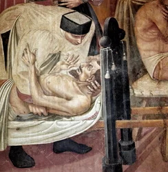 Soins aux malades dans un hôpital, une infirmière assiste un blessé allongé sur une civière (Détail). Fresque de Taddeo di Bartolo (1363-1422) 14e siècle Sienne, Spedale di Santa Maria della Scala