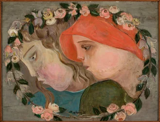 Deux têtes de petites filles dans une guirlande de fleurs